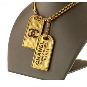 CHANEL ID Dog Tag Charm Necklace Gold